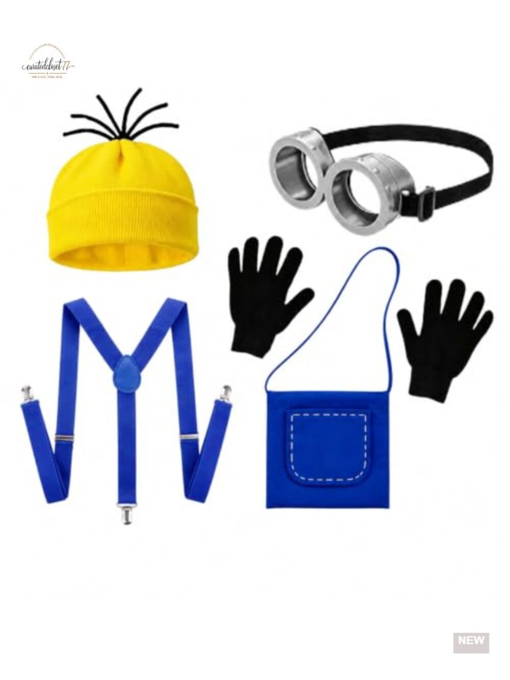 5 Piece Halloween Costume Accessory Set Beanie Goggles Gloves Suspenders Bag